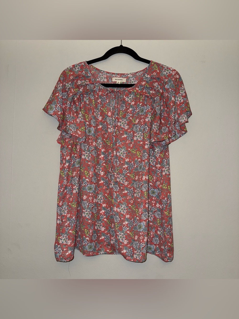 MAX STUDIO women’s  floral blouse w/ ruffle sleeves and tie front detail sz XL ✨